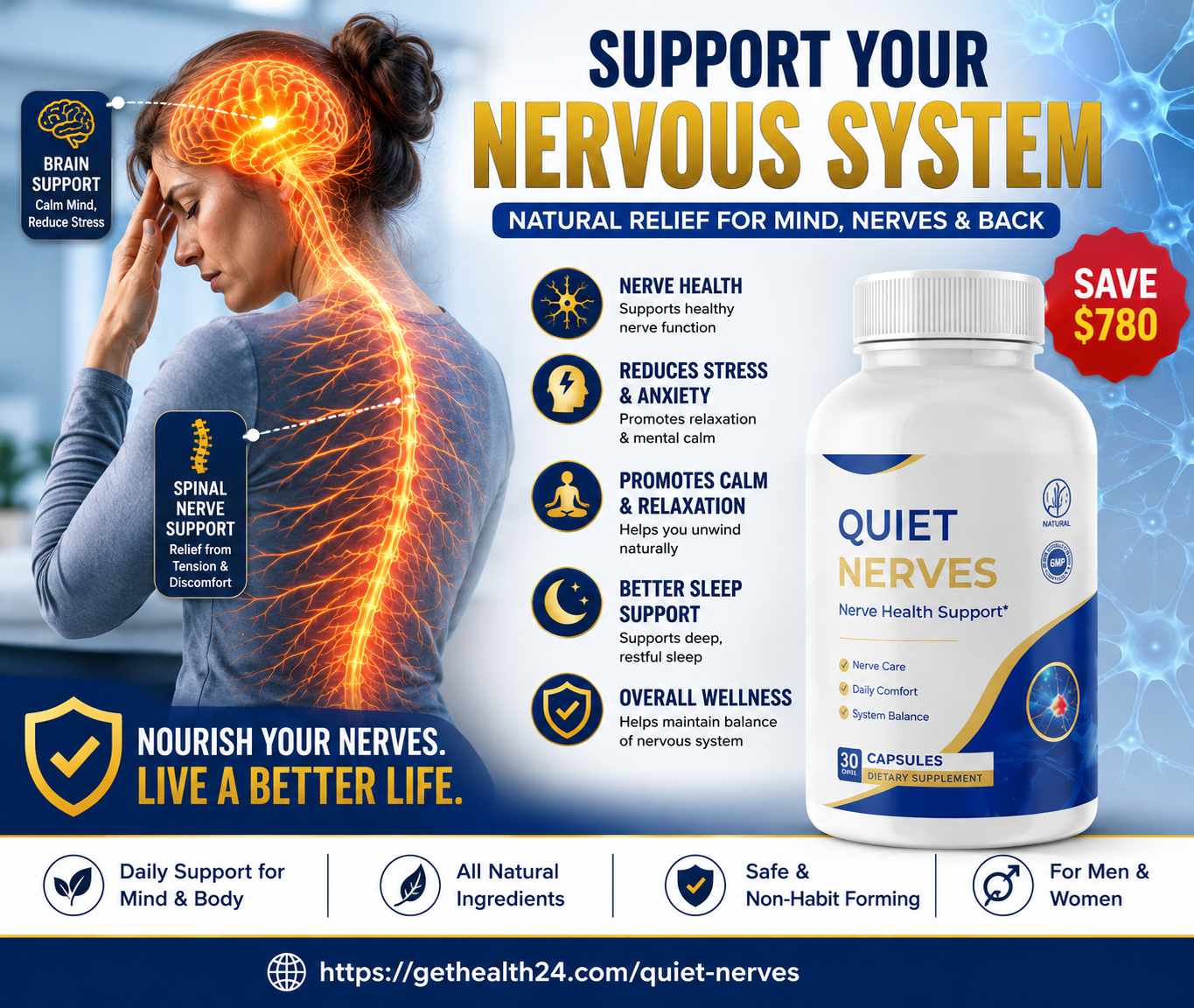 Quiet Nerves benefits overview: brain support, spinal nerve support and full nervous system balance