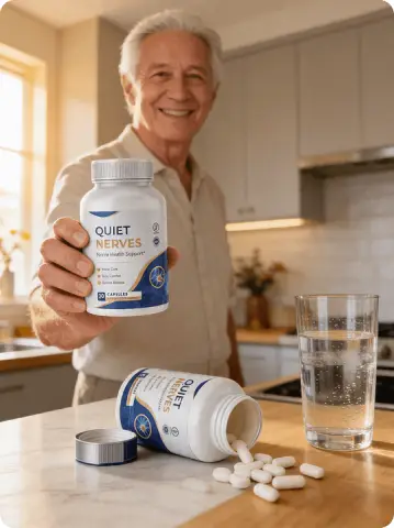 Smiling older man holding a bottle of Quiet Nerves capsules in his kitchen